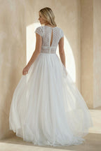 Robe de mariée blanche trapèze dentelle manches courtes - Harana