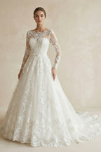 Robe de mariée ivoire longue manches longues avec nœud à dentelle - Harana