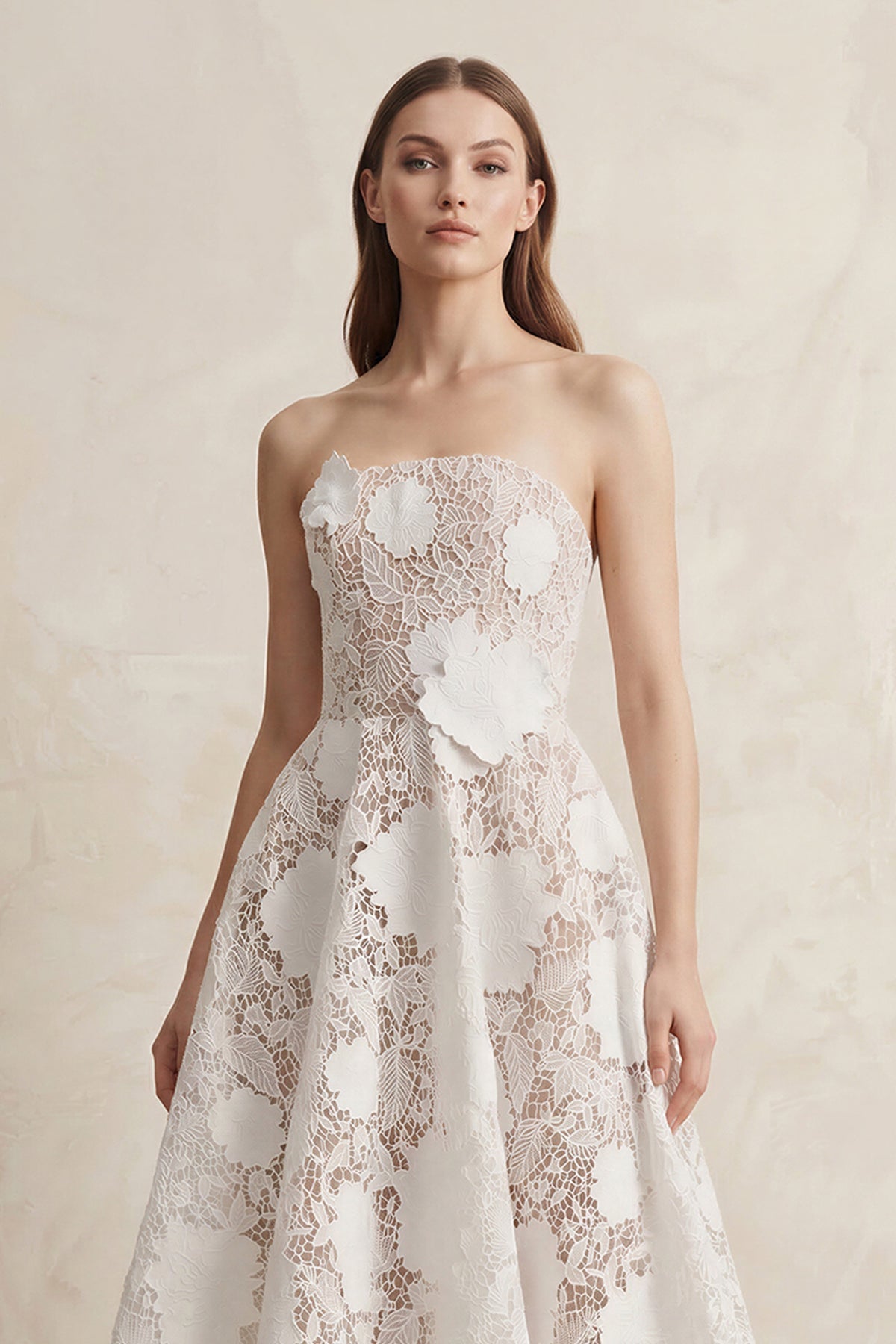 Robe de mariée blanche trapèze en dentelle bustier sans manches - Harana