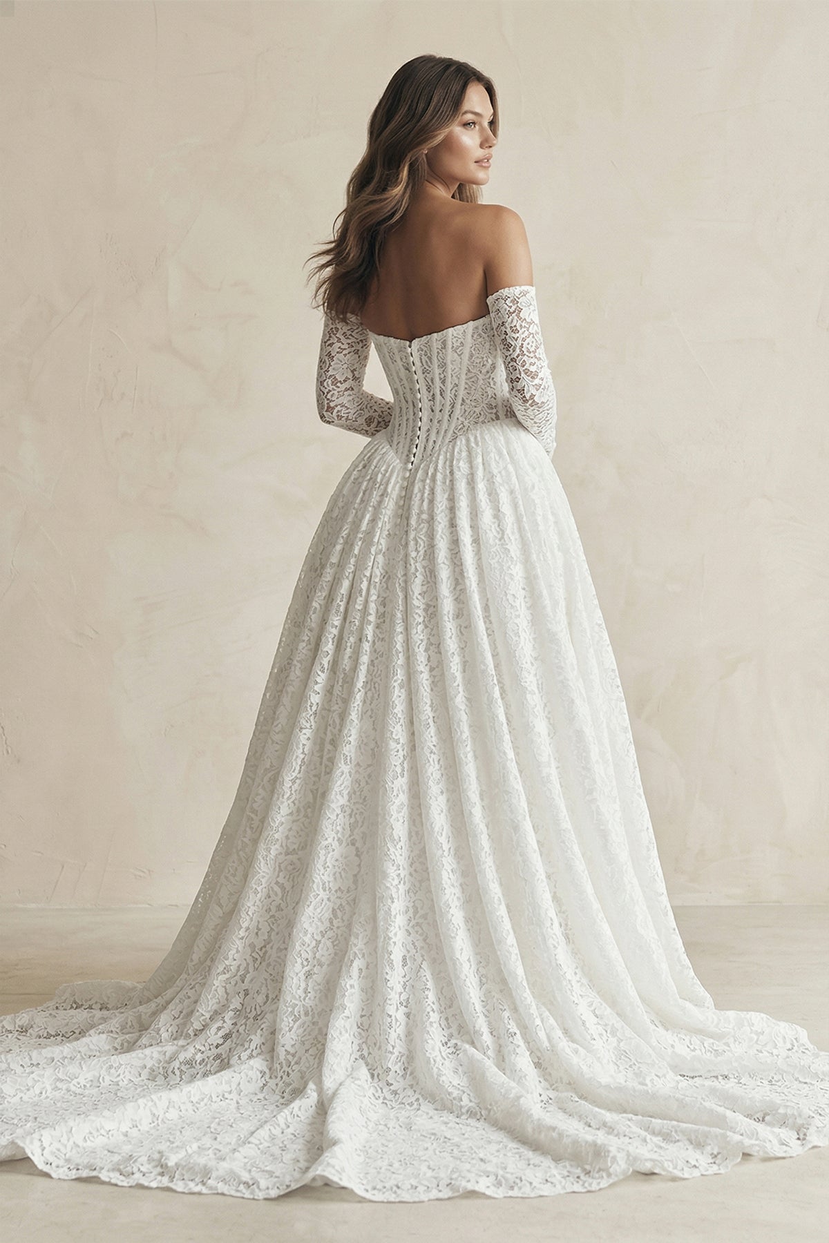 Robe de mariée blanc longue à épaules dénudées bustier manches longues - Harana