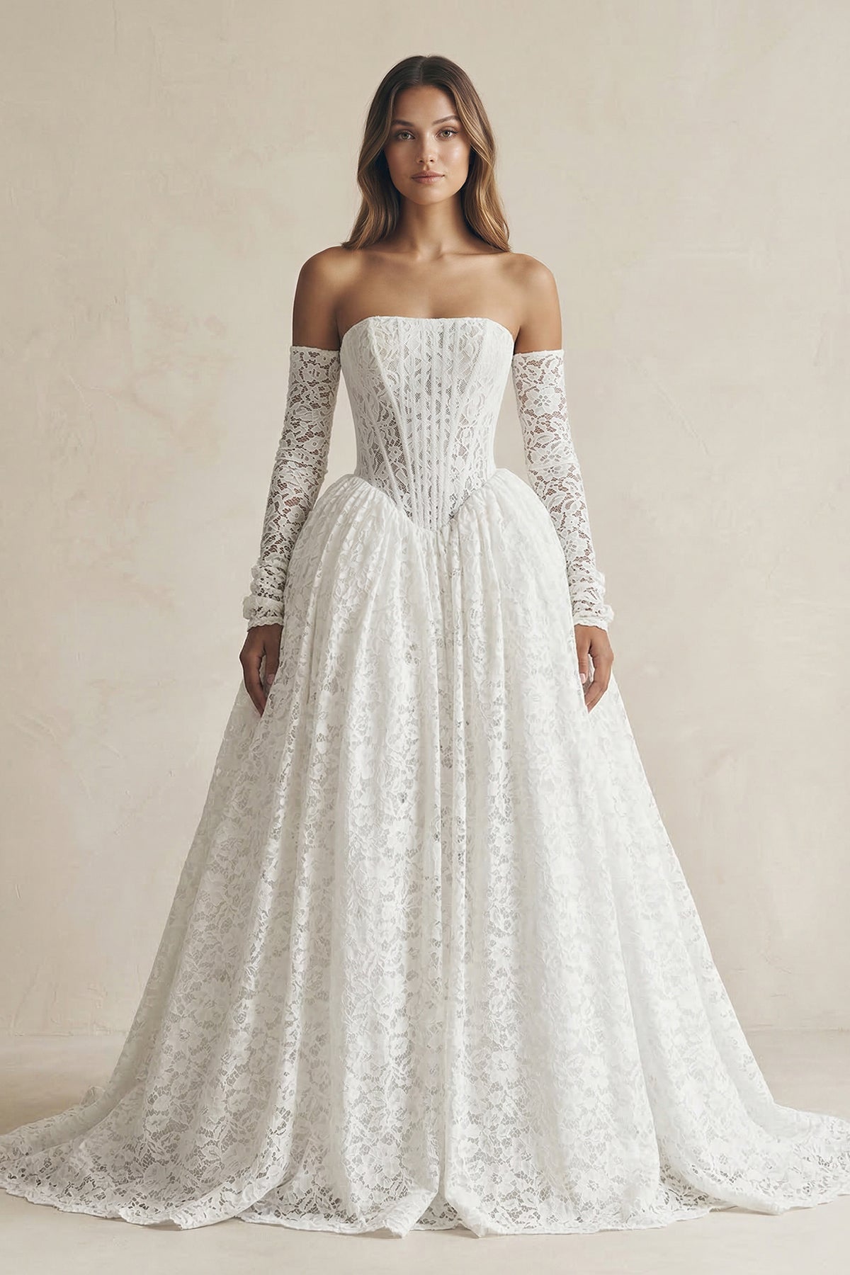 Robe de mariée blanc longue à épaules dénudées bustier manches longues - Harana