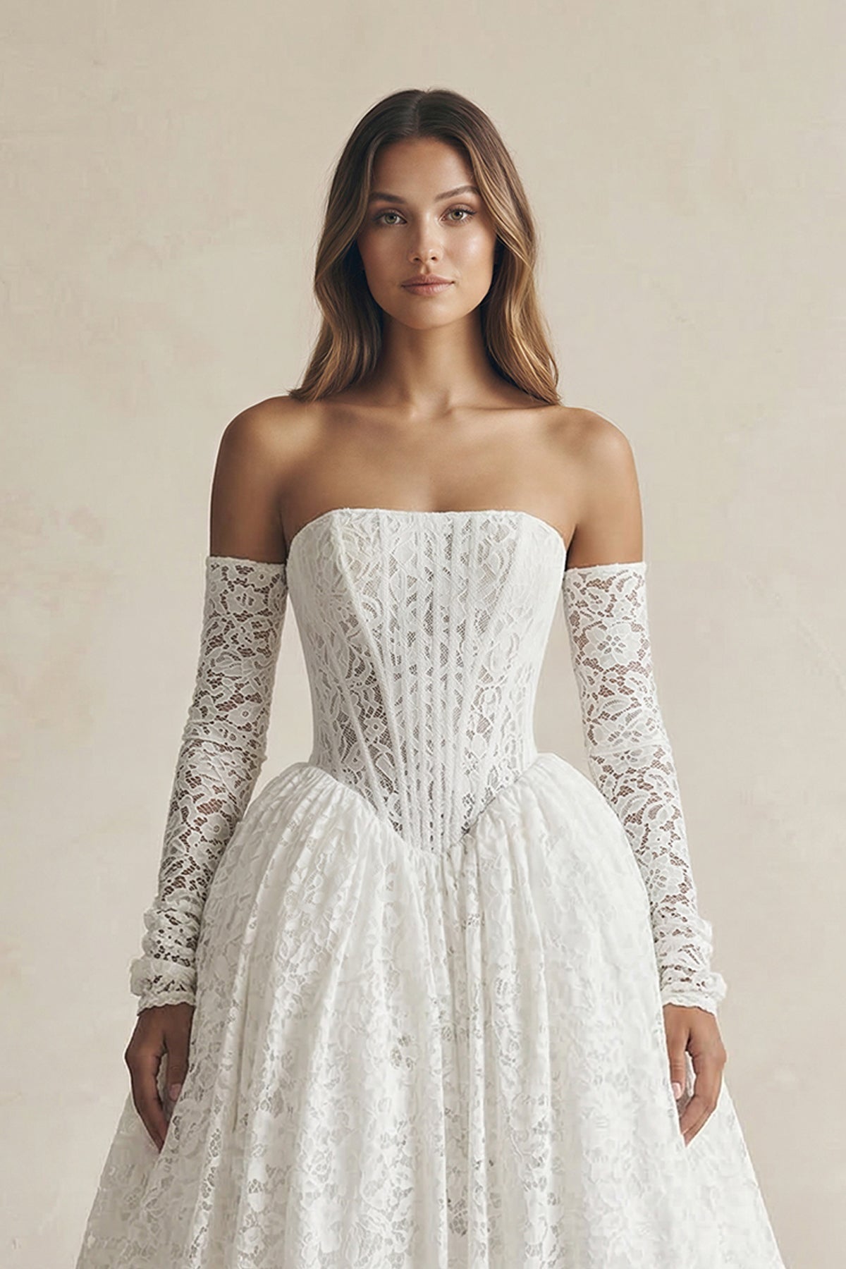 Robe de mariée blanc longue à épaules dénudées bustier manches longues - Harana