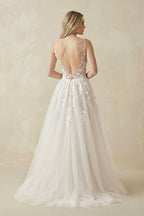 Robe de mariée ivoire trapèze dentelle à fines bretelles col V sans manches - Harana