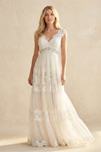 Robe de mariée ivoire trapèze en dentelle à col V sans manches - Harana