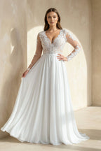 Robe de mariée blanche trapèze dentelle col V manches longues - Harana