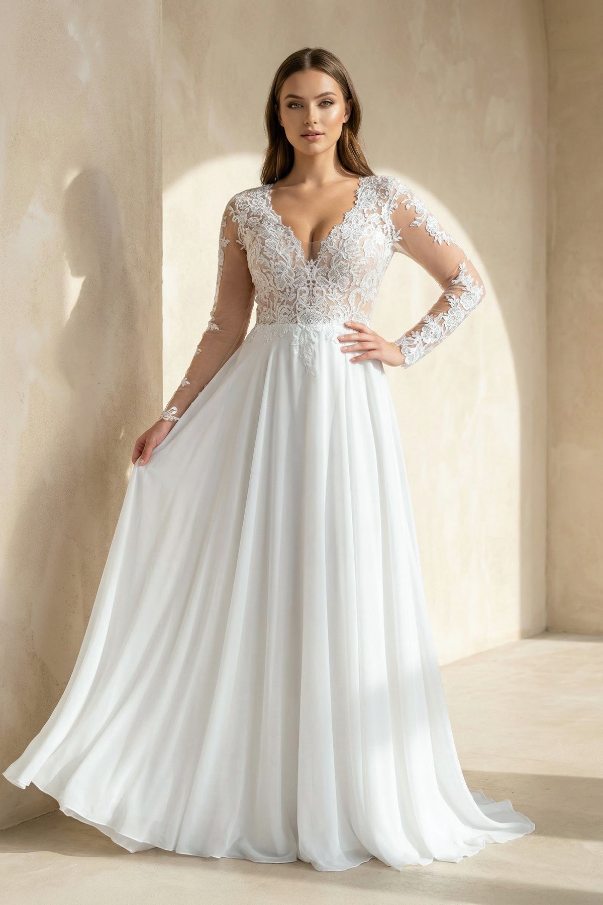 Robe de mariée blanche trapèze dentelle col V manches longues - Harana