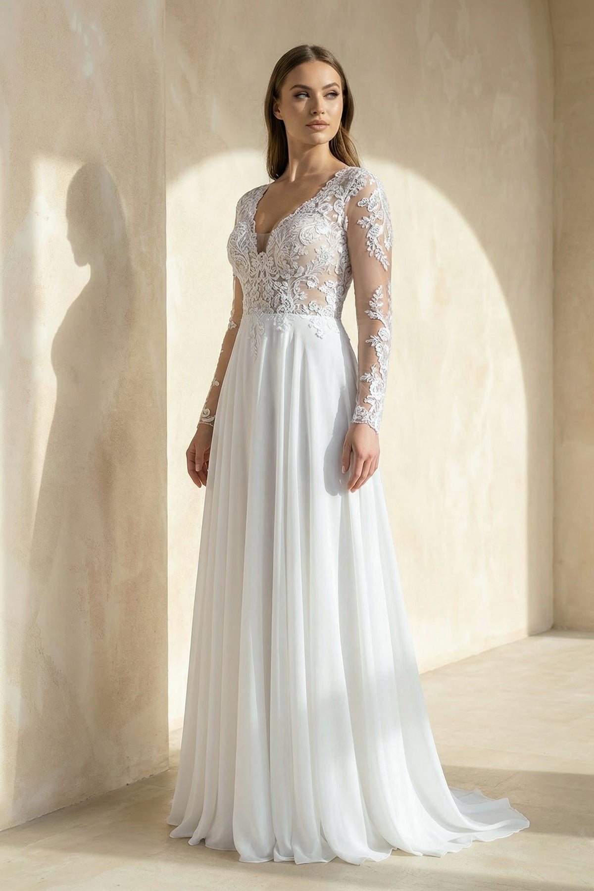 Robe de mariée blanche trapèze dentelle col V manches longues - Harana