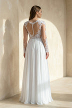 Robe de mariée blanche trapèze dentelle col V manches longues - Harana