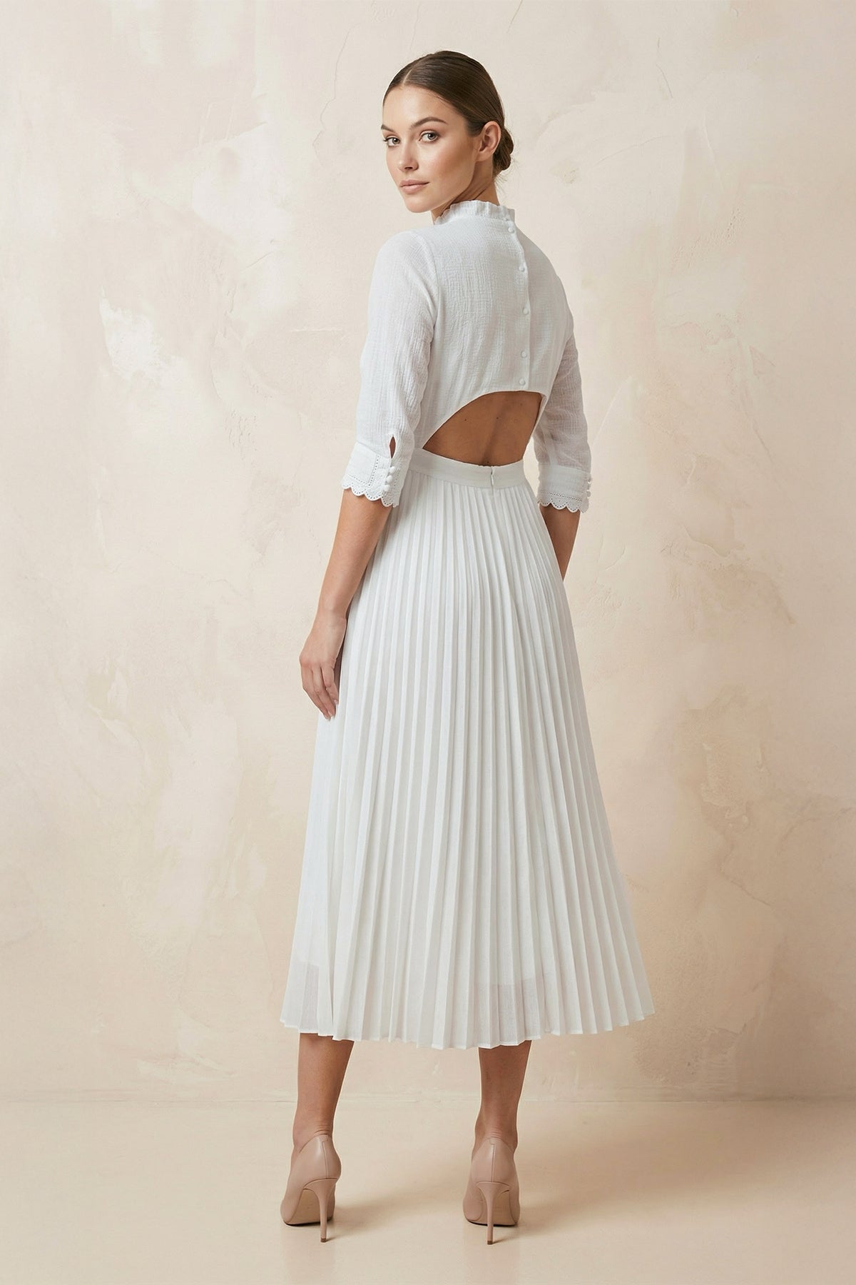 Robe de mariée blanche midi trapèze mousseline manches longues - Harana