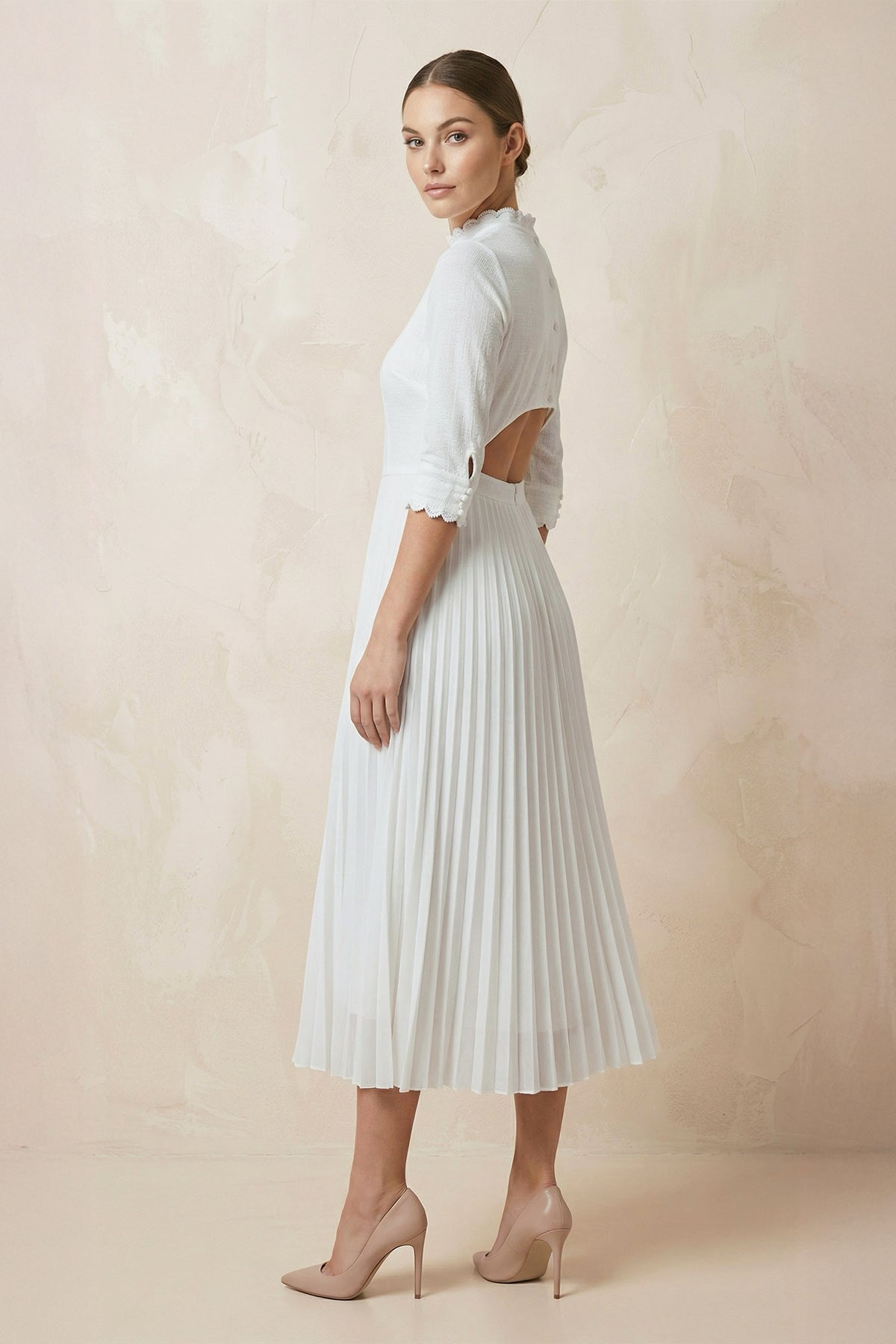 Robe de mariée blanche midi trapèze mousseline manches longues - Harana