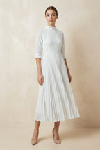 Robe de mariée blanche midi trapèze mousseline manches longues - Harana