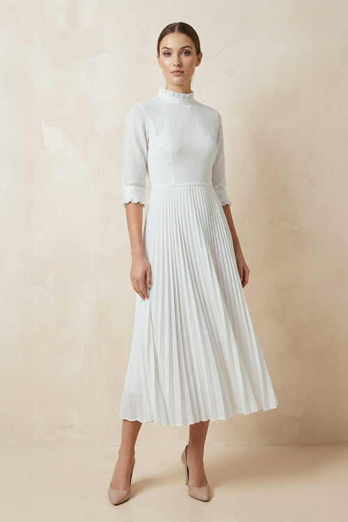 Robe de mariée blanche midi trapèze mousseline manches longues - Harana
