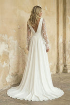 Robe de mariée ivoire trapèze dentelle col V avec fente manches longues - Harana