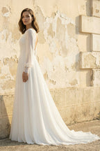 Robe de mariée blanche trapèze dentelle dos nu manches longues - Harana