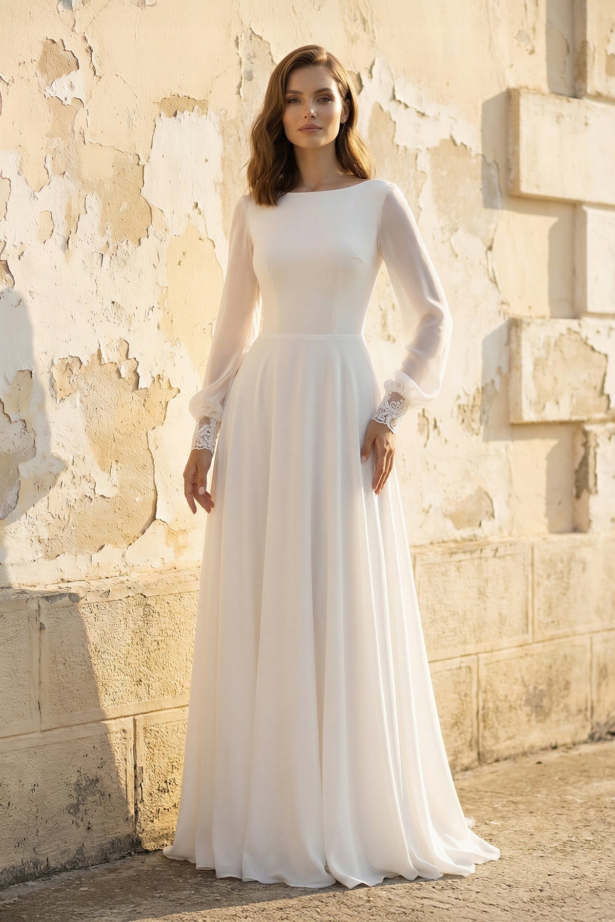 Robe de mariée blanche trapèze dentelle dos nu manches longues - Harana