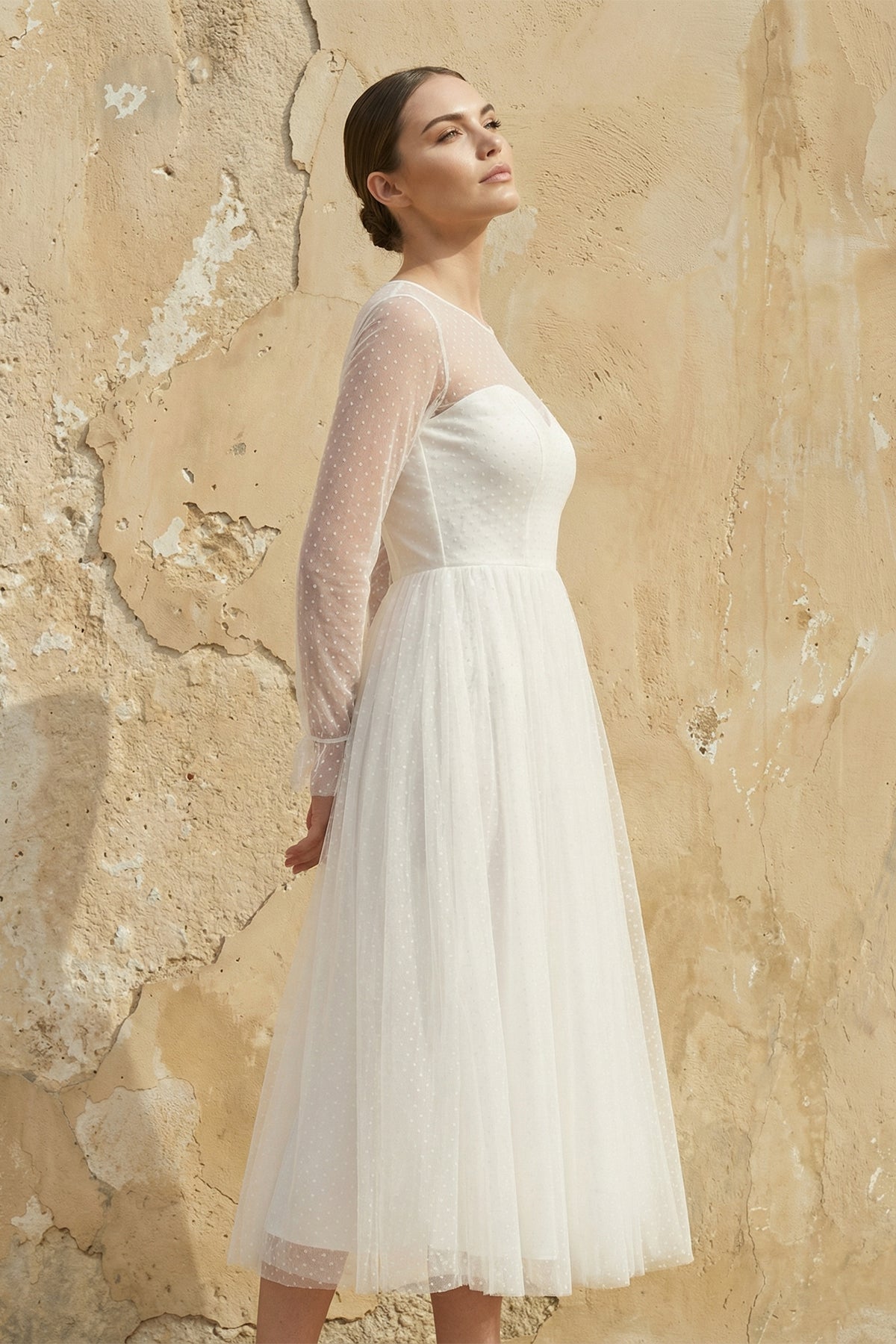Robe de mariée blanche trapèze mousseline manches longues - Harana