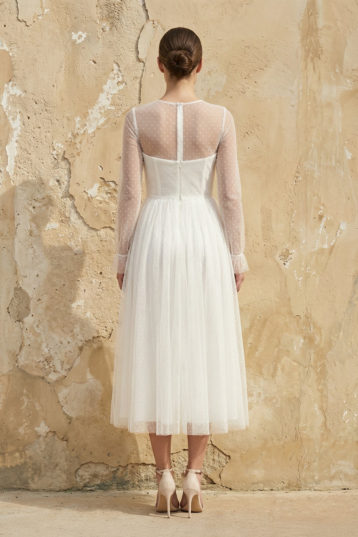 Robe de mariée blanche trapèze mousseline manches longues - Harana