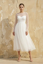 Robe de mariée blanche trapèze mousseline manches longues - Harana