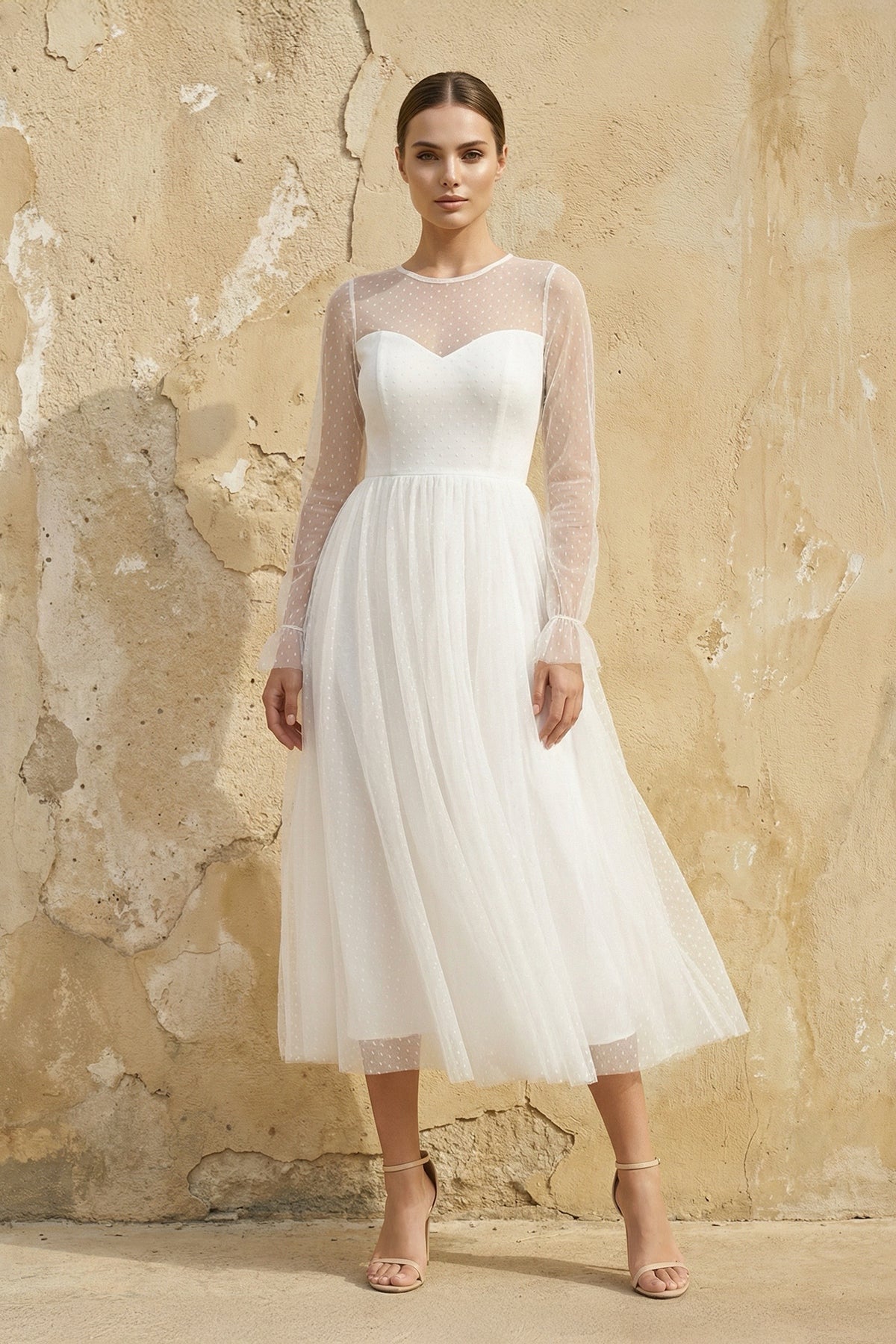 Robe de mariée blanche trapèze mousseline manches longues - Harana