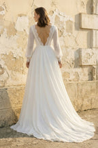 Robe de mariée blanche trapèze dentelle dos nu manches longues - Harana