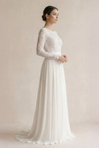 Robe de mariée ivoire trapèze en mousseline dos nu manches longues - Harana