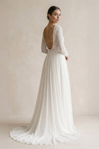 Robe de mariée ivoire trapèze en mousseline dos nu manches longues - Harana