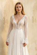 Robe de mariée blanche trapèze en dentelle à col V manches longues - Harana