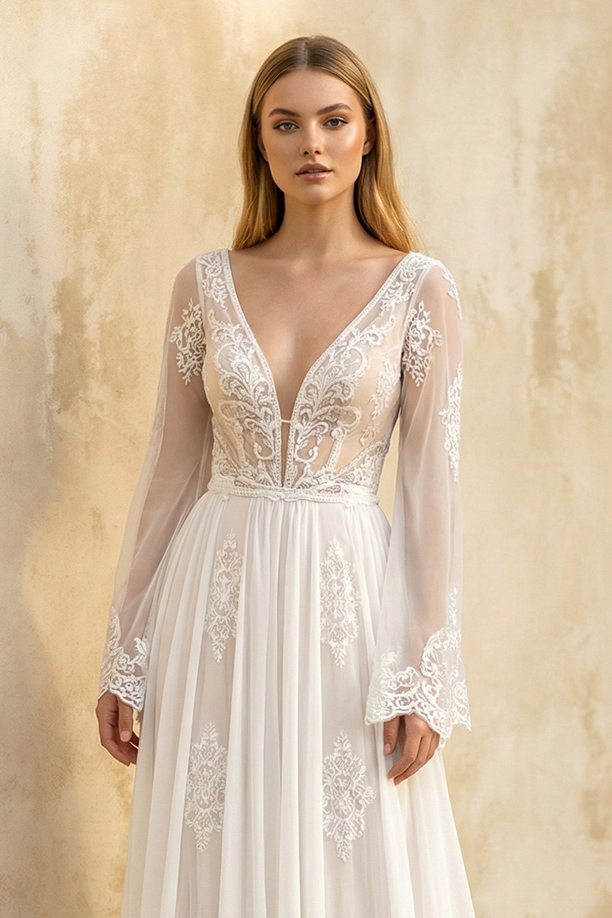 Robe de mariée blanche trapèze en dentelle à col V manches longues - Harana