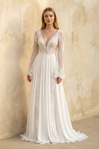 Robe de mariée blanche trapèze en dentelle à col V manches longues - Harana