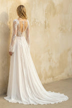 Robe de mariée blanche trapèze en dentelle à col V manches longues - Harana