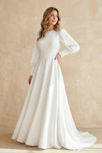 Robe de mariée blanche trapèze en satin manches longues - Harana