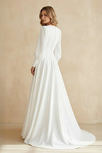 Robe de mariée blanche trapèze en satin manches longues - Harana
