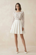 Robe de mariée ivoire trapèze en satin manches longues à appliqués - Harana