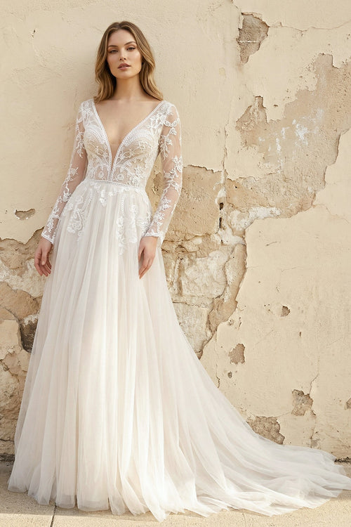 Robe de mariée blanche et nude trapèze en dentelle à col V - Harana