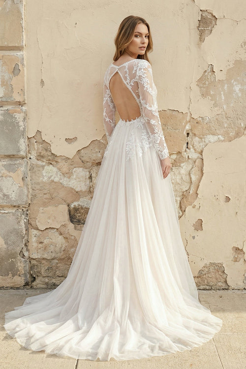 Robe de mariée blanche et nude trapèze en dentelle à col V - Harana