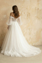 Robe de mariée ivoire longue à épaules dénudées manches longues à dentelle - Harana