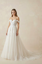 Robe de mariée ivoire longue à épaules dénudées en tulle coupe trapèze - Harana