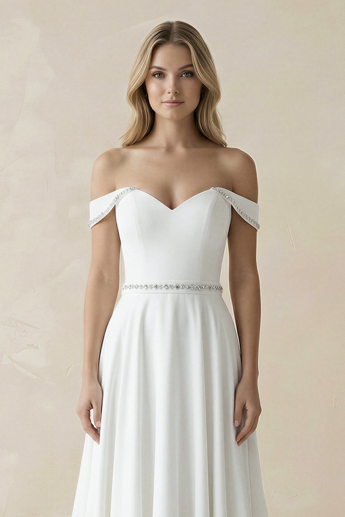 Robe de mariée blanche trapèze en satin à épaules dénudées décolleté cœur - Harana