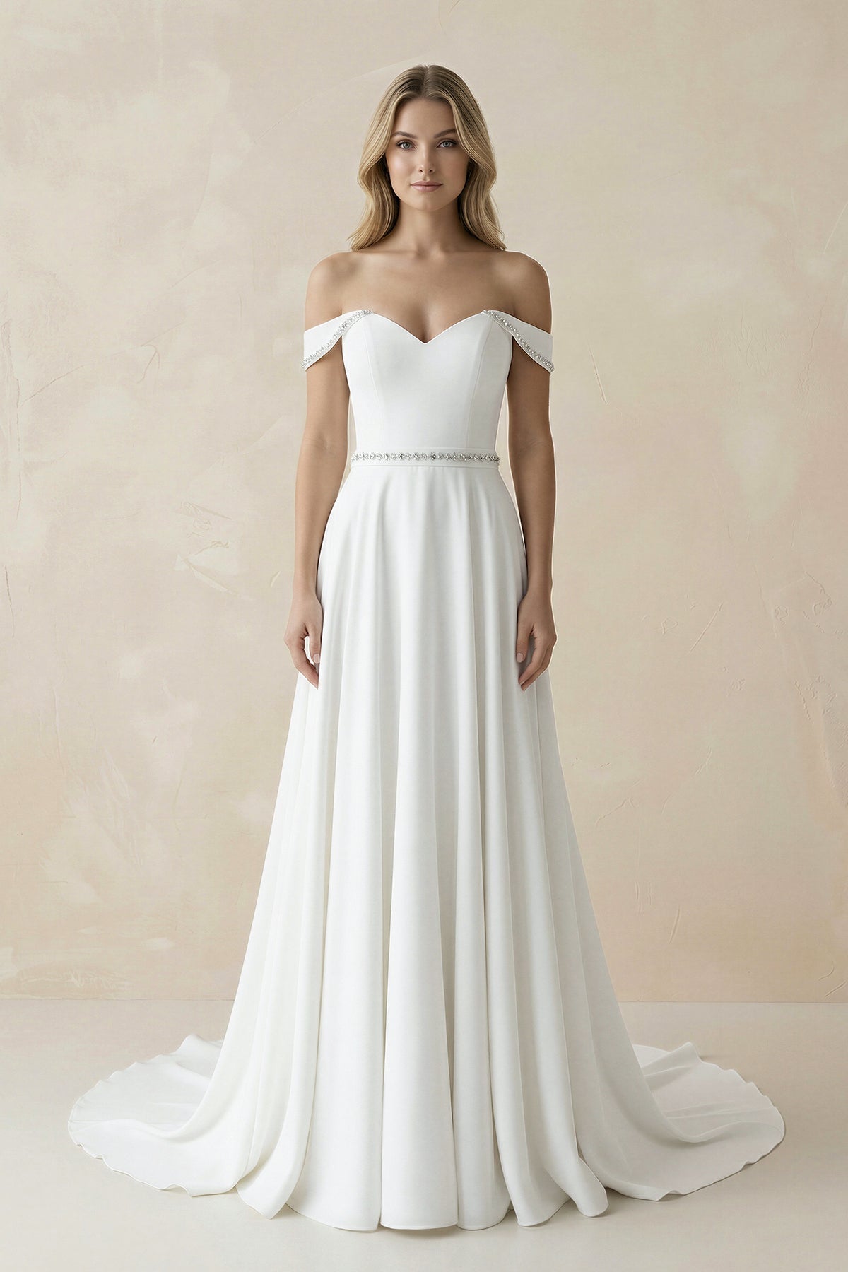 Robe de mariée blanche trapèze en satin à épaules dénudées décolleté cœur - Harana