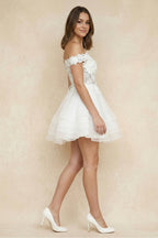 Robe de mariée blanche trapèze en dentelle à épaules dénudées à appliqués - Harana
