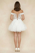 Robe de mariée blanche trapèze en dentelle à épaules dénudées à appliqués - Harana