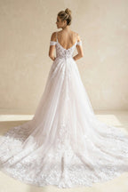 Robe de mariée white & nude courte à épaules dénudées manches courtes avec fente - Harana