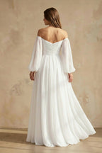 Robe de mariée blanche trapèze en mousseline à épaules dénudées manches longues - Harana