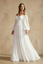 Robe de mariée blanche trapèze en mousseline à épaules dénudées manches longues - Harana