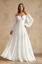 Robe de mariée blanche trapèze en mousseline à épaules dénudées manches longues - Harana