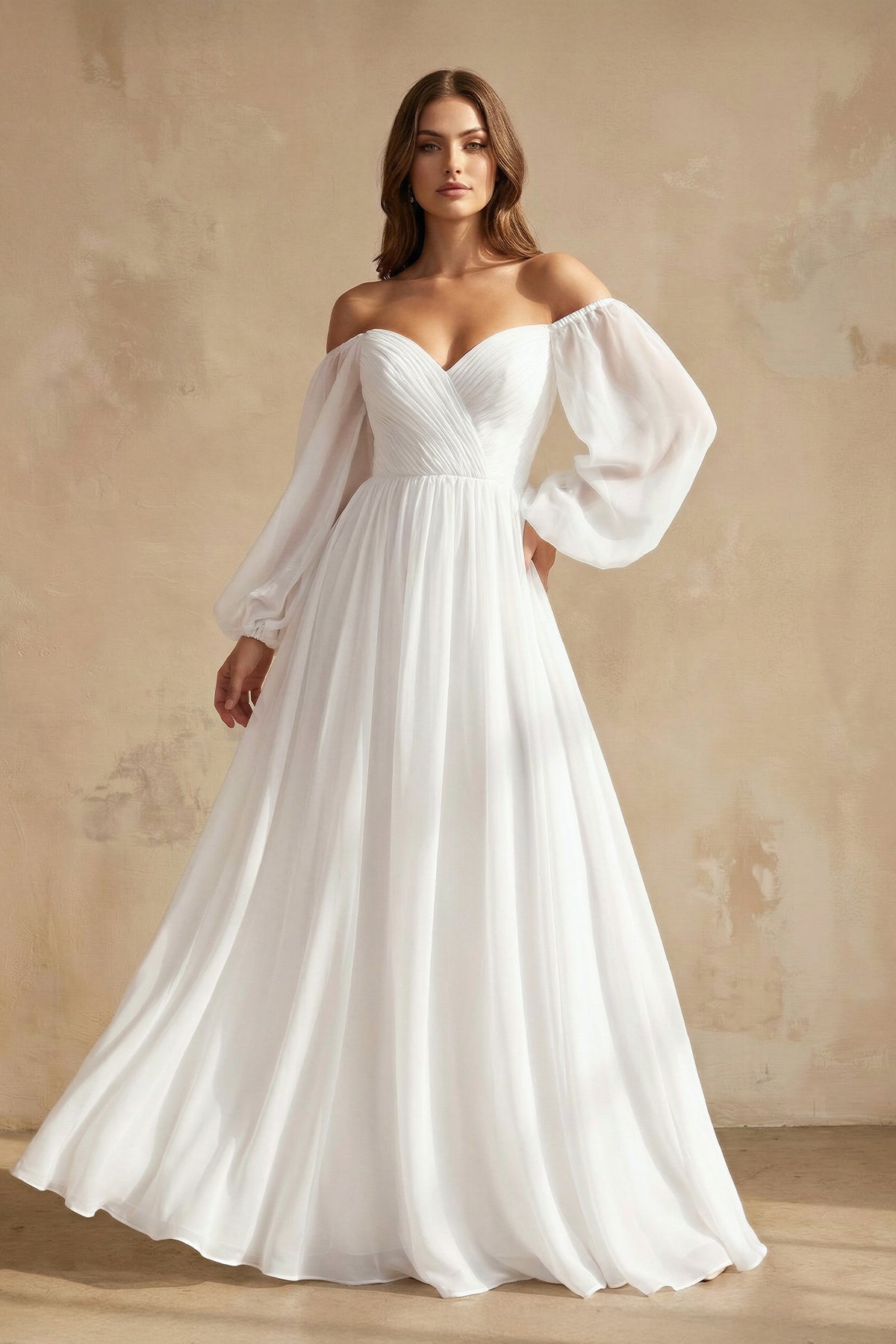 Robe de mariée blanche trapèze en mousseline à épaules dénudées manches longues - Harana