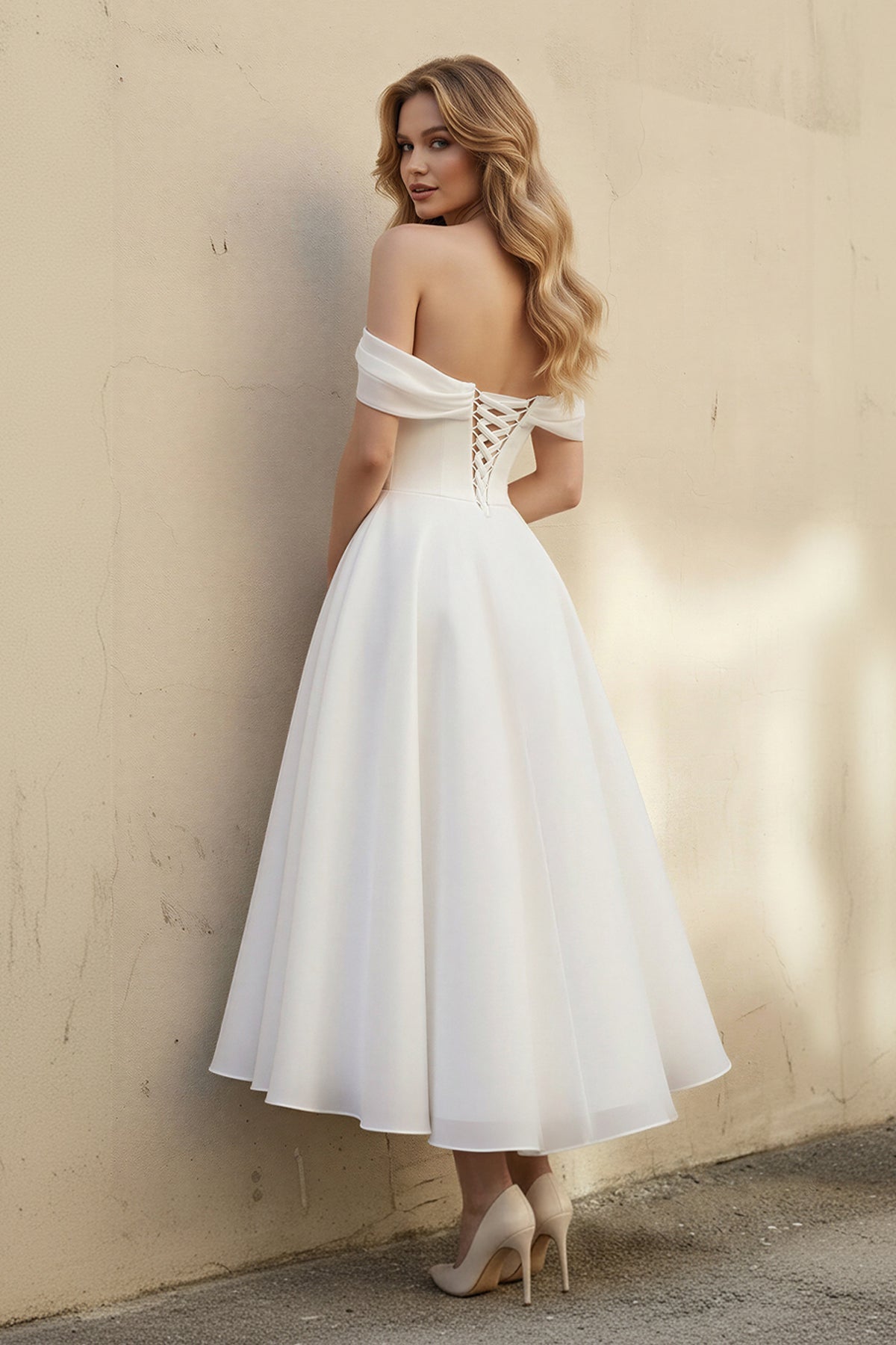Robe de mariée blanche trapèze en dentelle à épaules dénudées avec fente - Harana