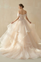 Robe de mariée champagne courte à épaules dénudées à volants à corset - Harana