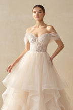 Robe de mariée champagne courte à épaules dénudées à volants à corset - Harana