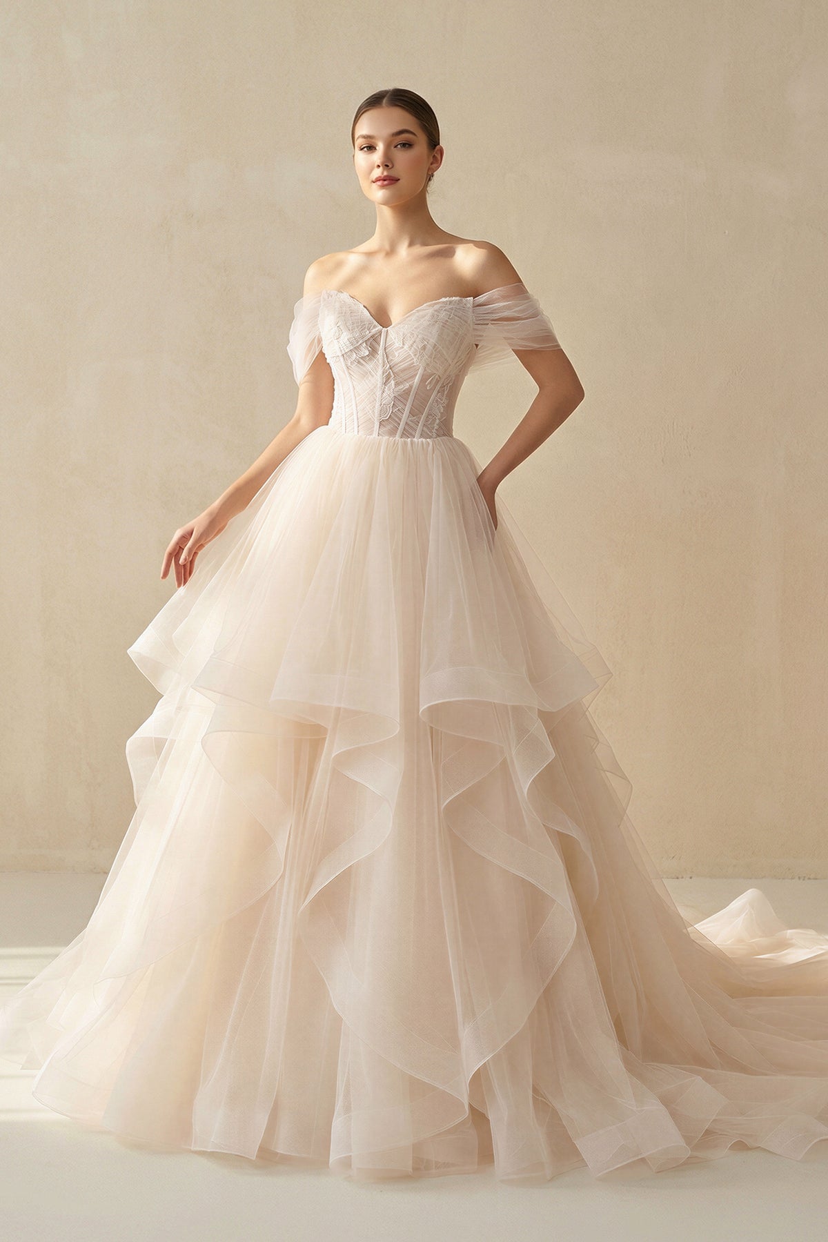 Robe de mariée champagne courte à épaules dénudées à volants à corset - Harana